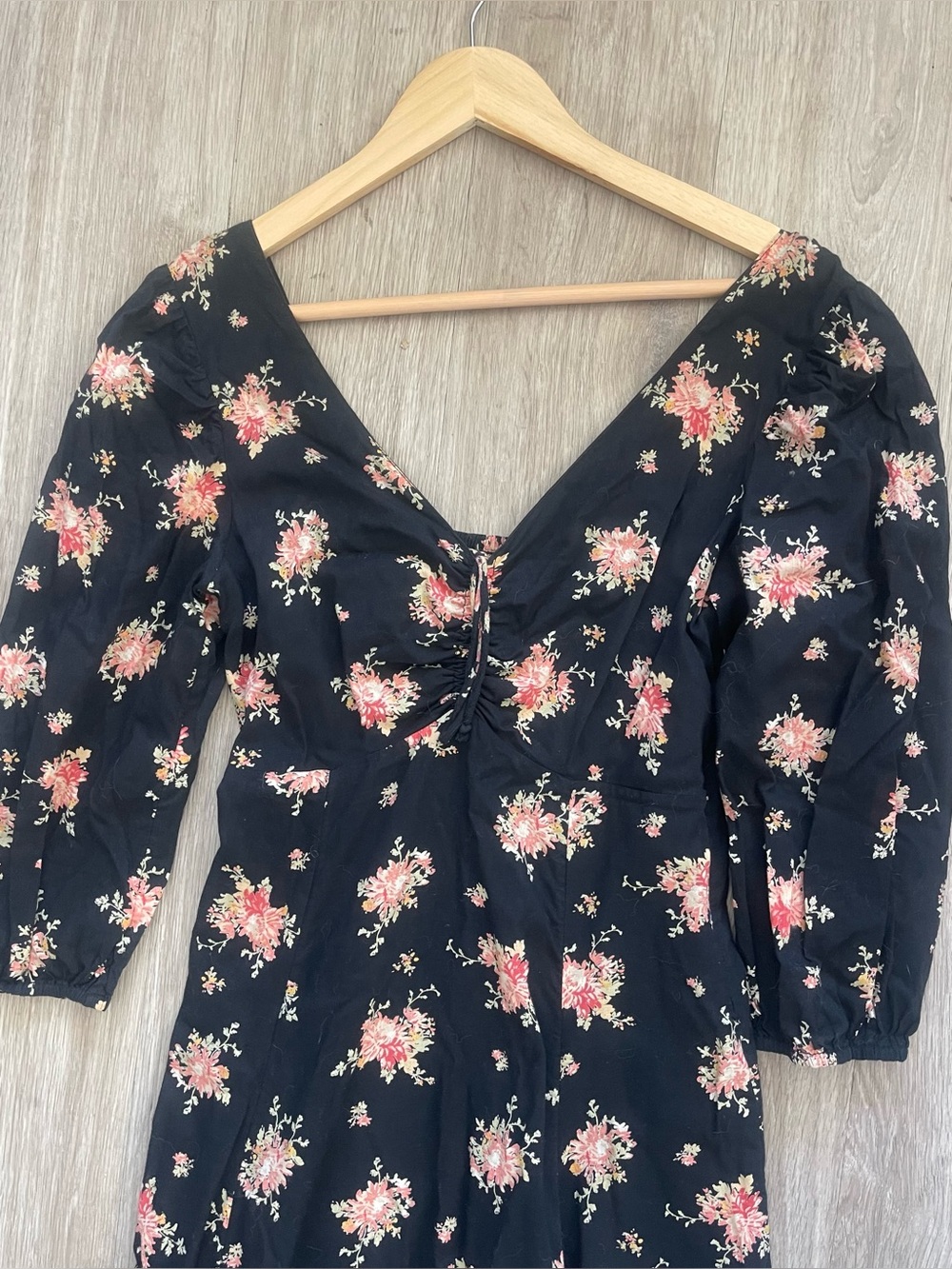 Free People Black Floral Midi Dress Size 4 Puff Sleeve Sweetheart Neck - Picture 7 of 8